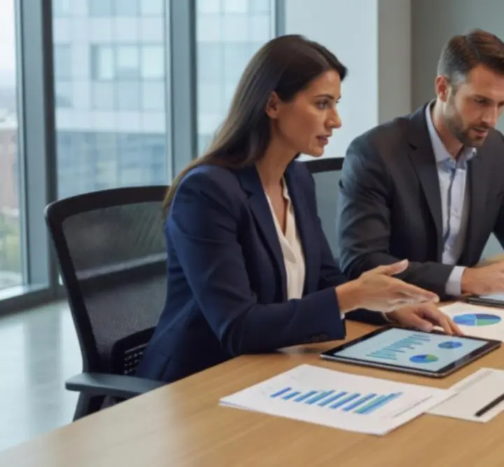 Consultants collaborating over a tablet