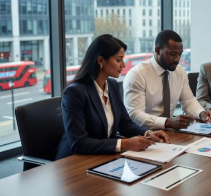Consultancy team reviewing business performance around a meeting table