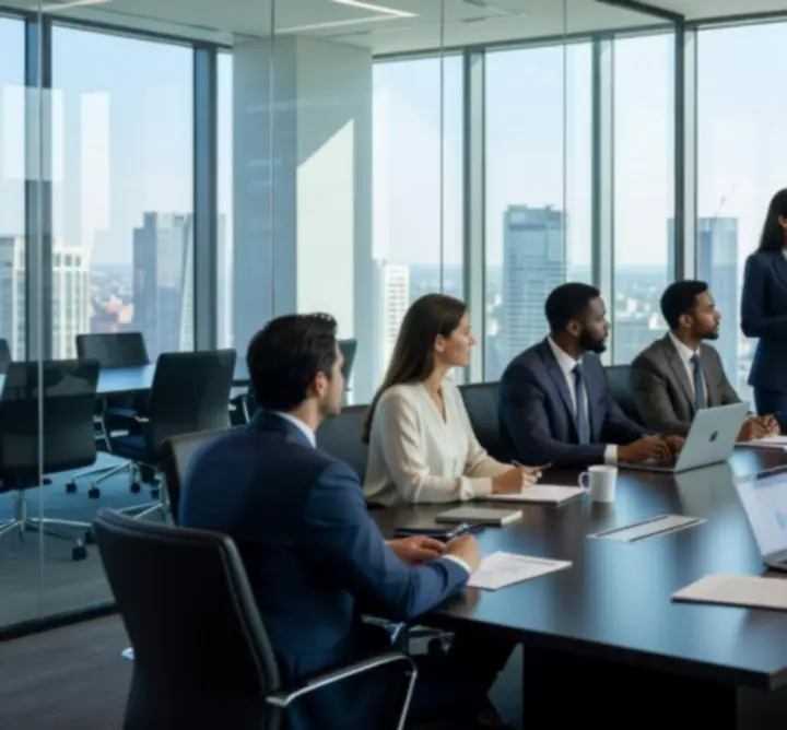 Consulting team reviewing a workflow roadmap in a boardroom